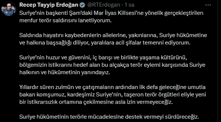 Cumhurbaşkanı Erdoğan’dan Şam’daki Kilise Saldırısına Sert Kınama