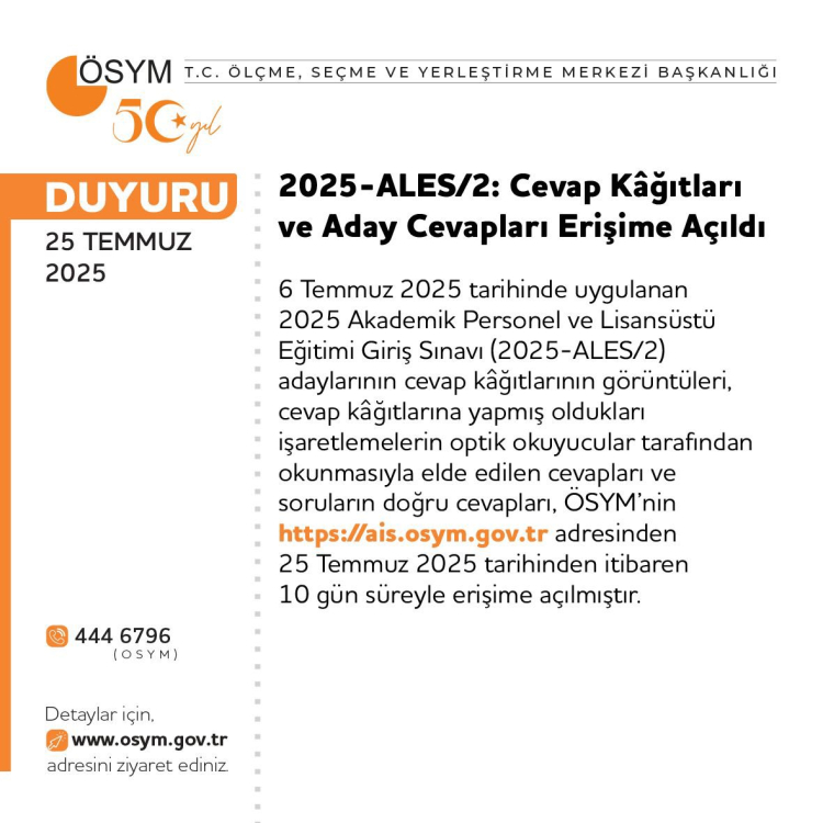 ALES 2025/2 Sonuçları Erişime Açıldı ALES 2025/2 Sonuçları Erişime Açıldı