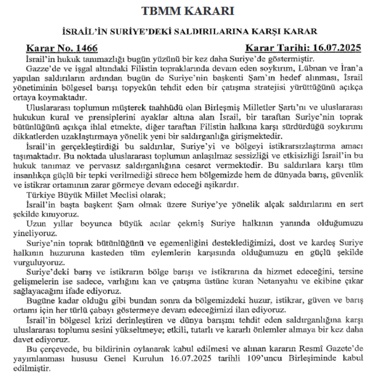 İsrail’in Suriye’ye Yönelik Saldırılarına Meclis’ten Kınama