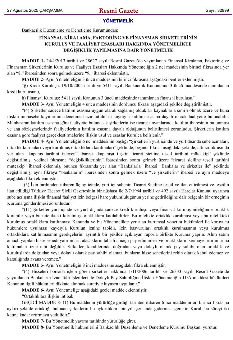 BDDK, Finansal ve Finansman Şirketlerinin Faaliyetlerini Düzenledi