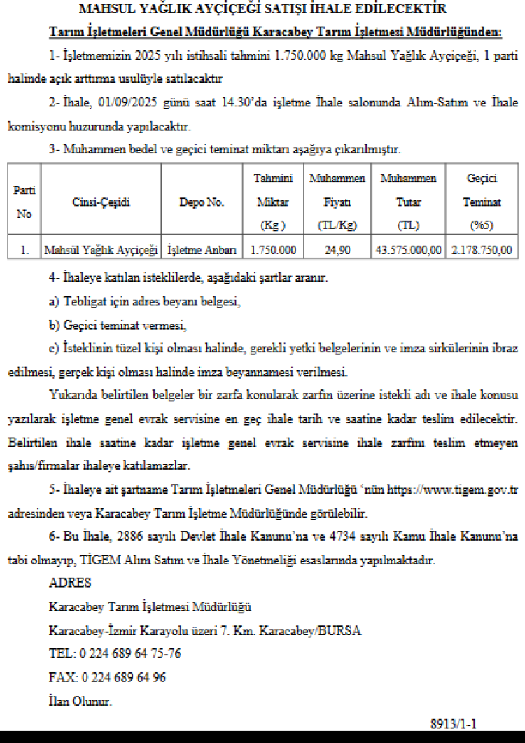 Karacabey Tarım İşletmesi 1,75 Milyon Kg Yağlık Ayçiçeği İçin İhale Düzenliyor