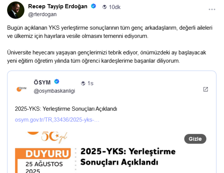 Cumhurbaşkanı Erdoğan Gençleri Kutladı