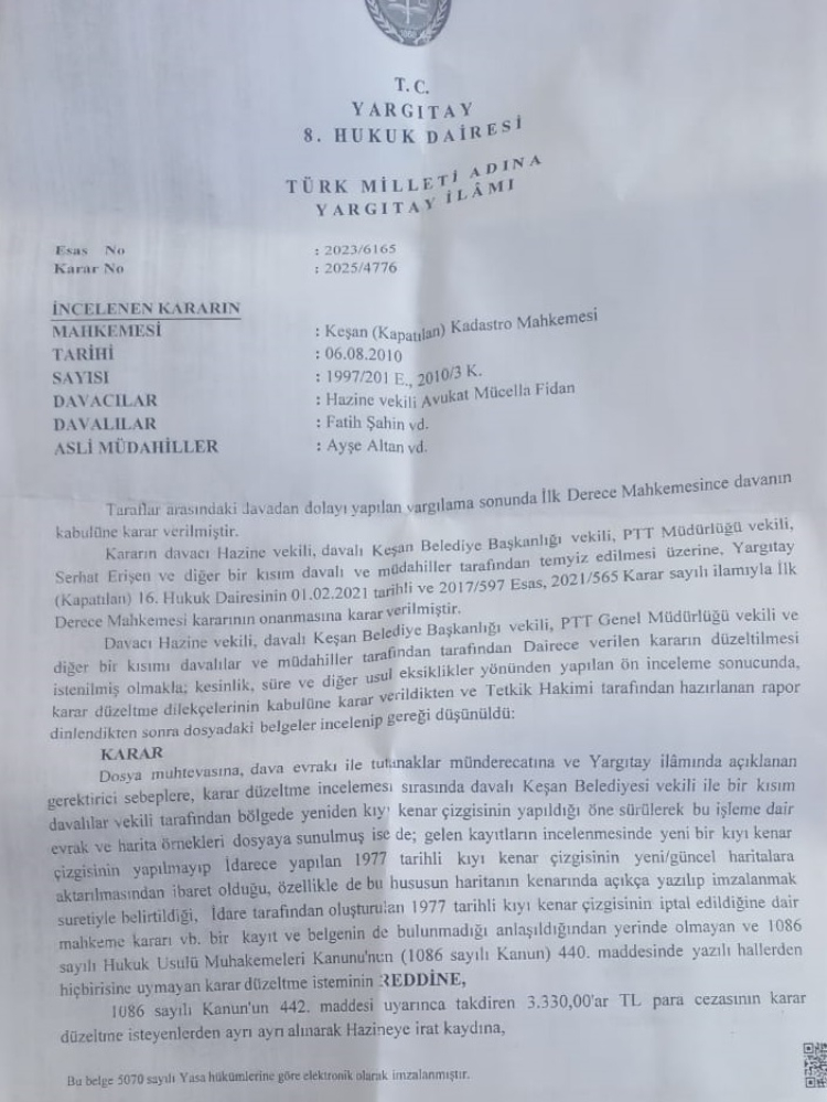 Yargıtay’dan Keşan Erikli Kadastro Kararına Onama