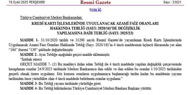 Kredi Kartı Faiz Oranları Güncellendi, 24 Eylül’de Yürürlüğe Girecek