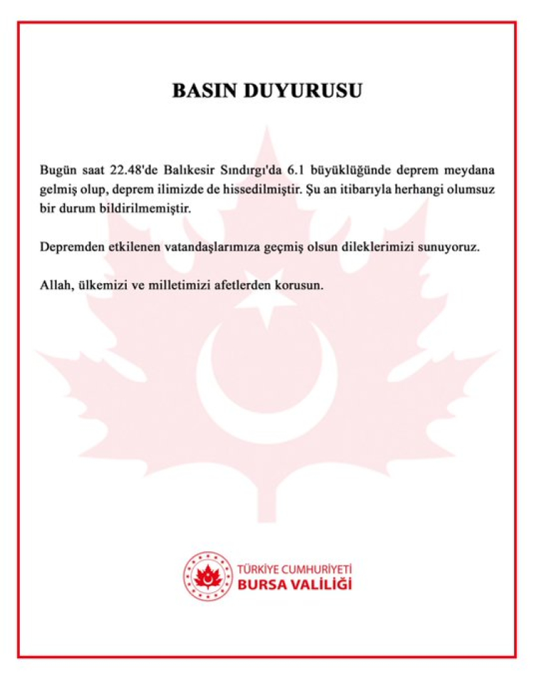 Bursa Valiliği: Deprem Sonrası Olumsuz Durum Yok Bursa Valiliği: Deprem Sonrası Olumsuz Durum Yok
